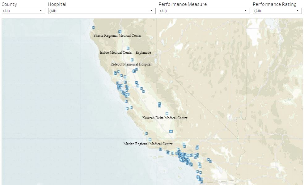 Map of West Coast with pins designating hospitals in California