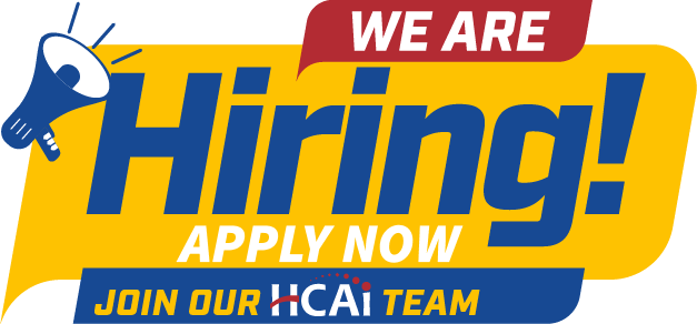 Red, yellow and blue logo that says We are hiring, apply now, Join our HCAI Team
