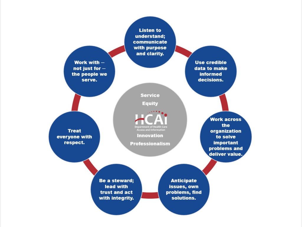 Circle with containing HCAI's guiding principles. 