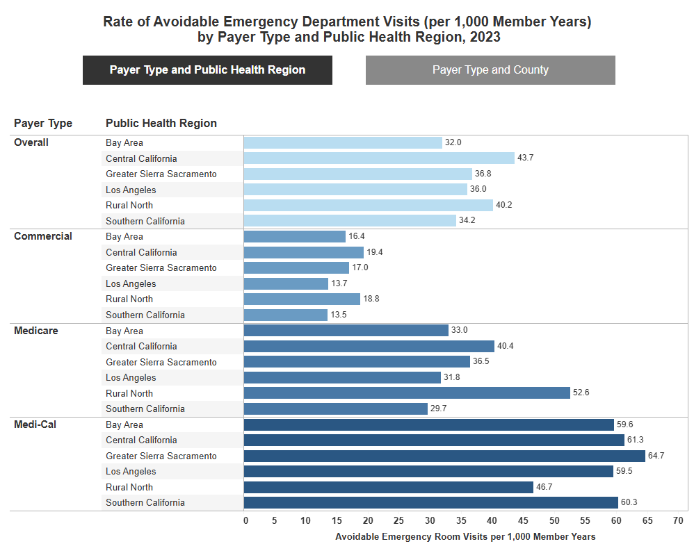 dashboard with blue horizontal bar charts and black and gray navigation buttons