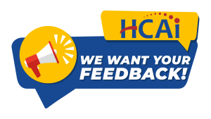 Button linking to a feedback form. Depicts the HCAI Logo on a speech bubble with the text "We want your feedback!"