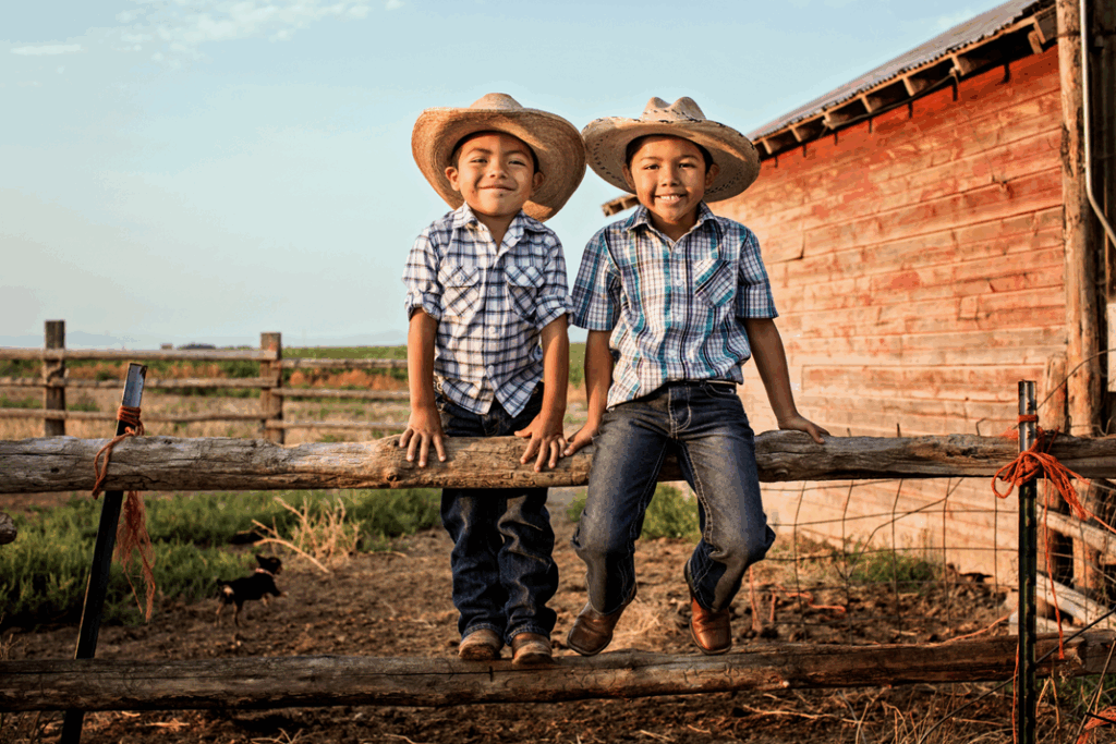 Two young boys leaning on the fence in a rural area.