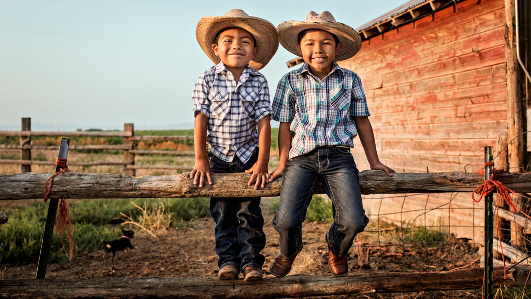 Two young boys leaning on the fence in a rural area.