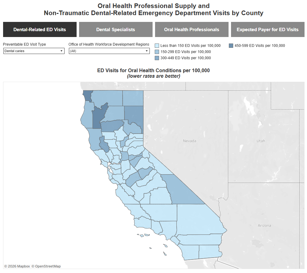 dashboard with buttons, filters, and map of california counties in blue