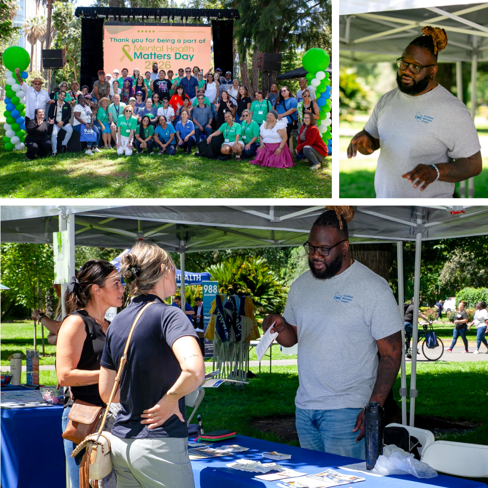 Pictures of the Mental Health Matters Day Event, including a group photo of participants, a close up of Jordon Corbin in a Certified Wellness Coach t-shirt, and a picture of two attendees talking with Jordon at the CWC booth.