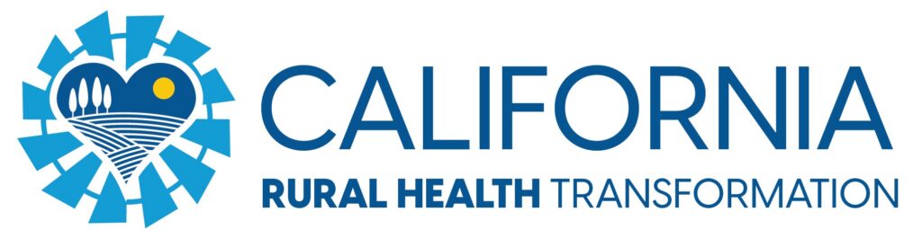 California Rural Health Transformation logo, heart with railroad tracks around it, with fields, trees and sun inside the heart.